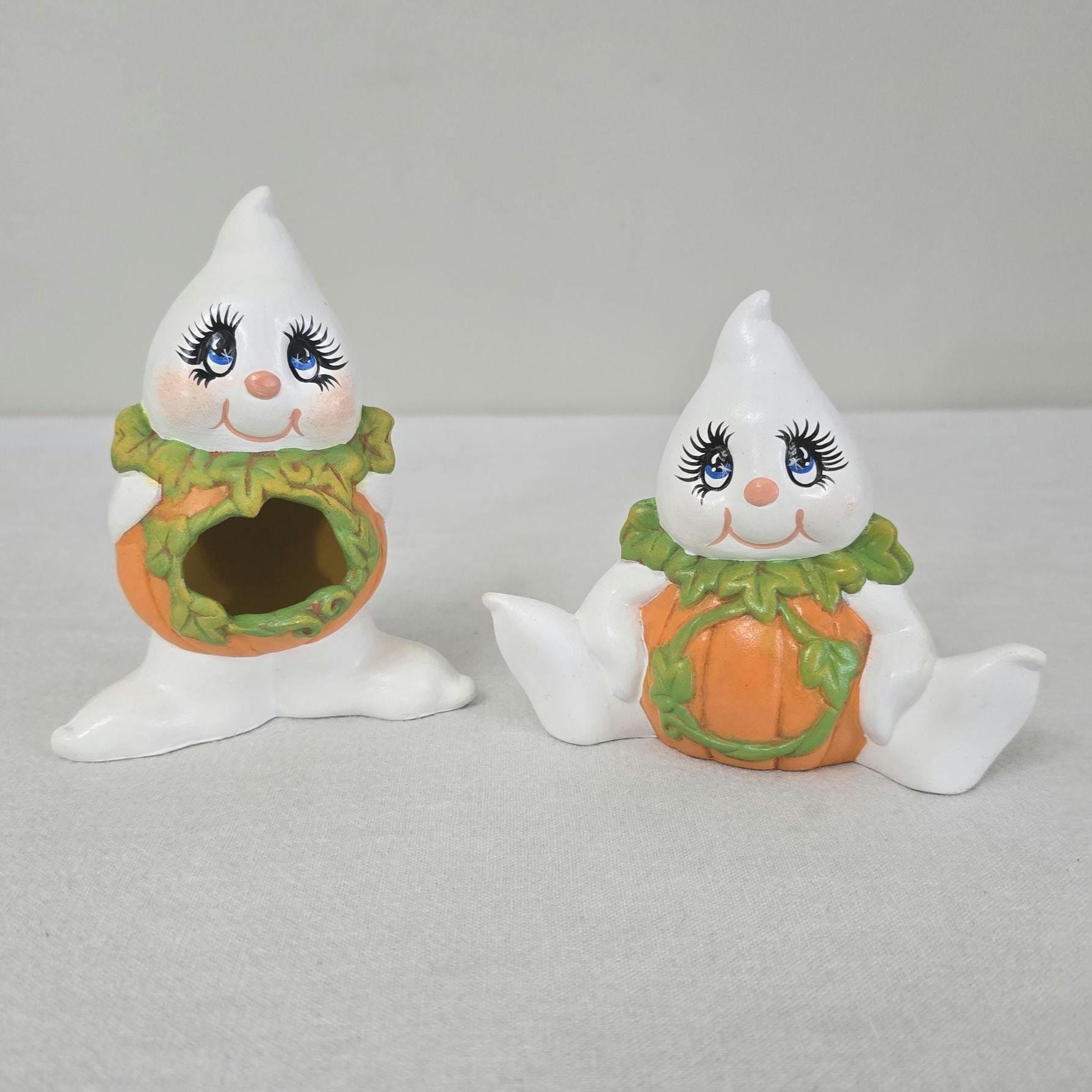 Vintage Ceramic Pumpkin Belly Ghosts, Set Of 2 Hand Painted Halloween Figurines