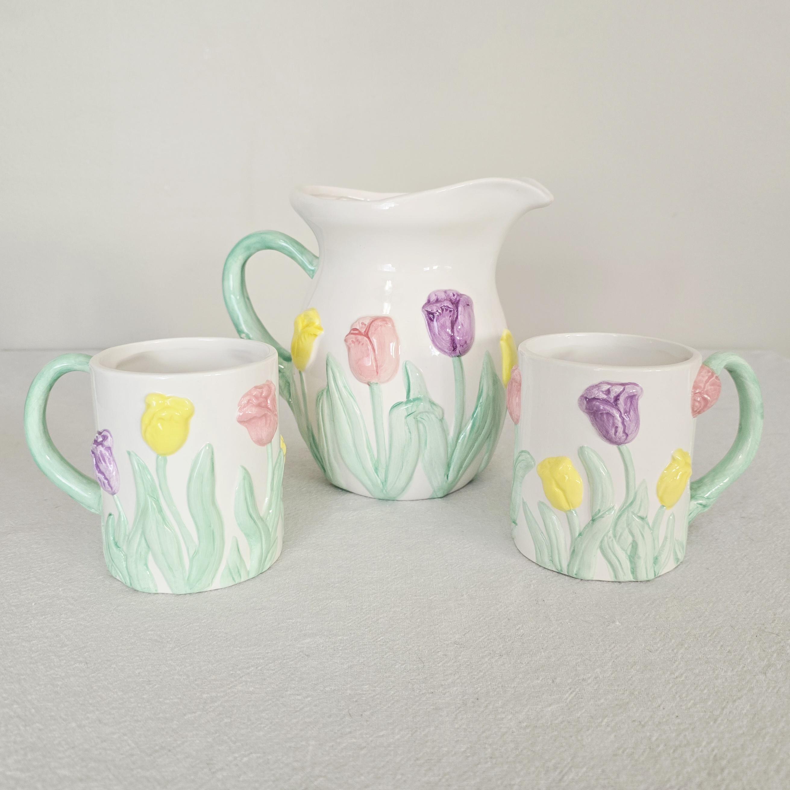 Vintage Tulip Pitcher And Mug Set, 3-Piece Embossed Ceramic Tableware