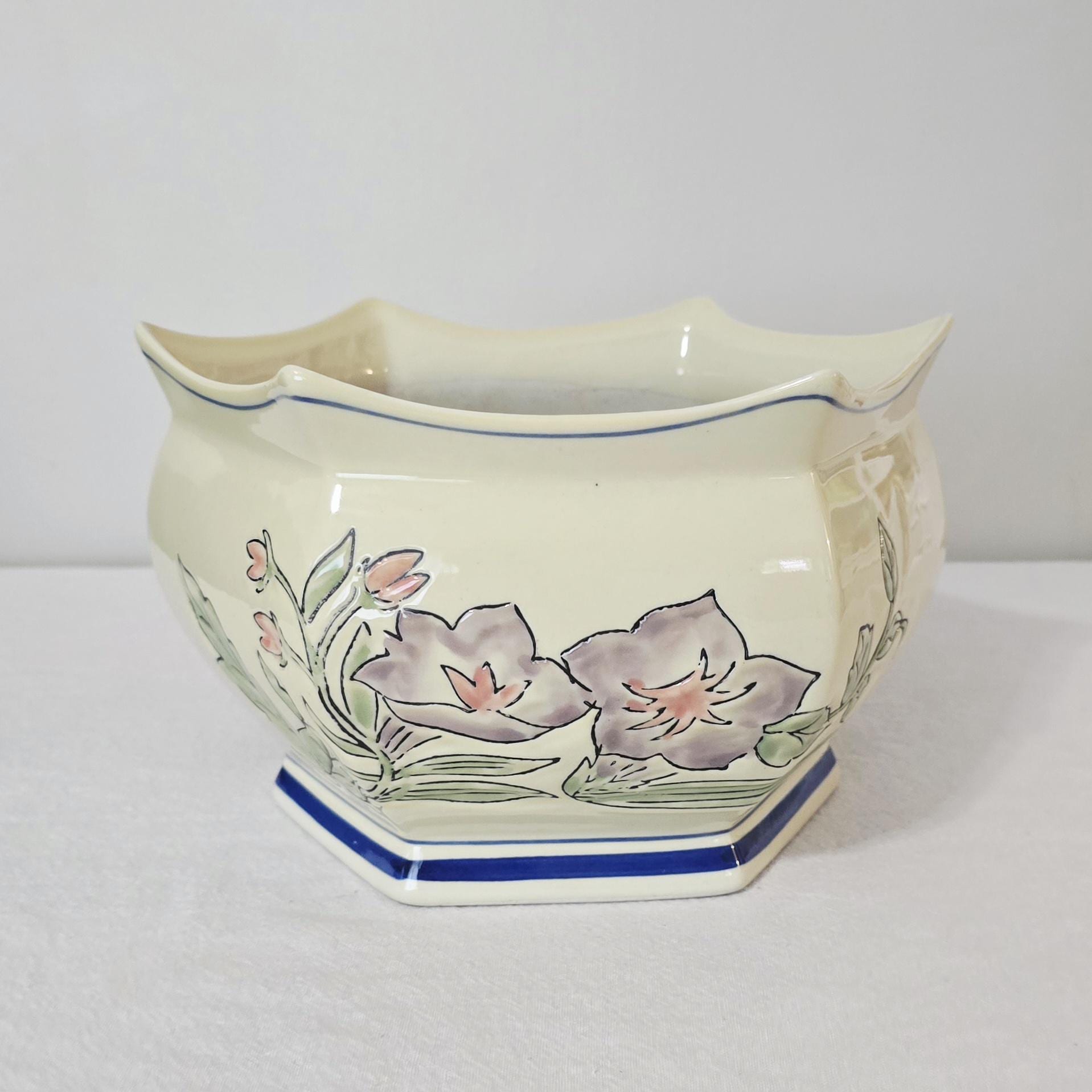 Vintage AAA Imports Decoware Fine Pottery Floral Planter, Scalloped Hexagonal Ceramic Cachepot