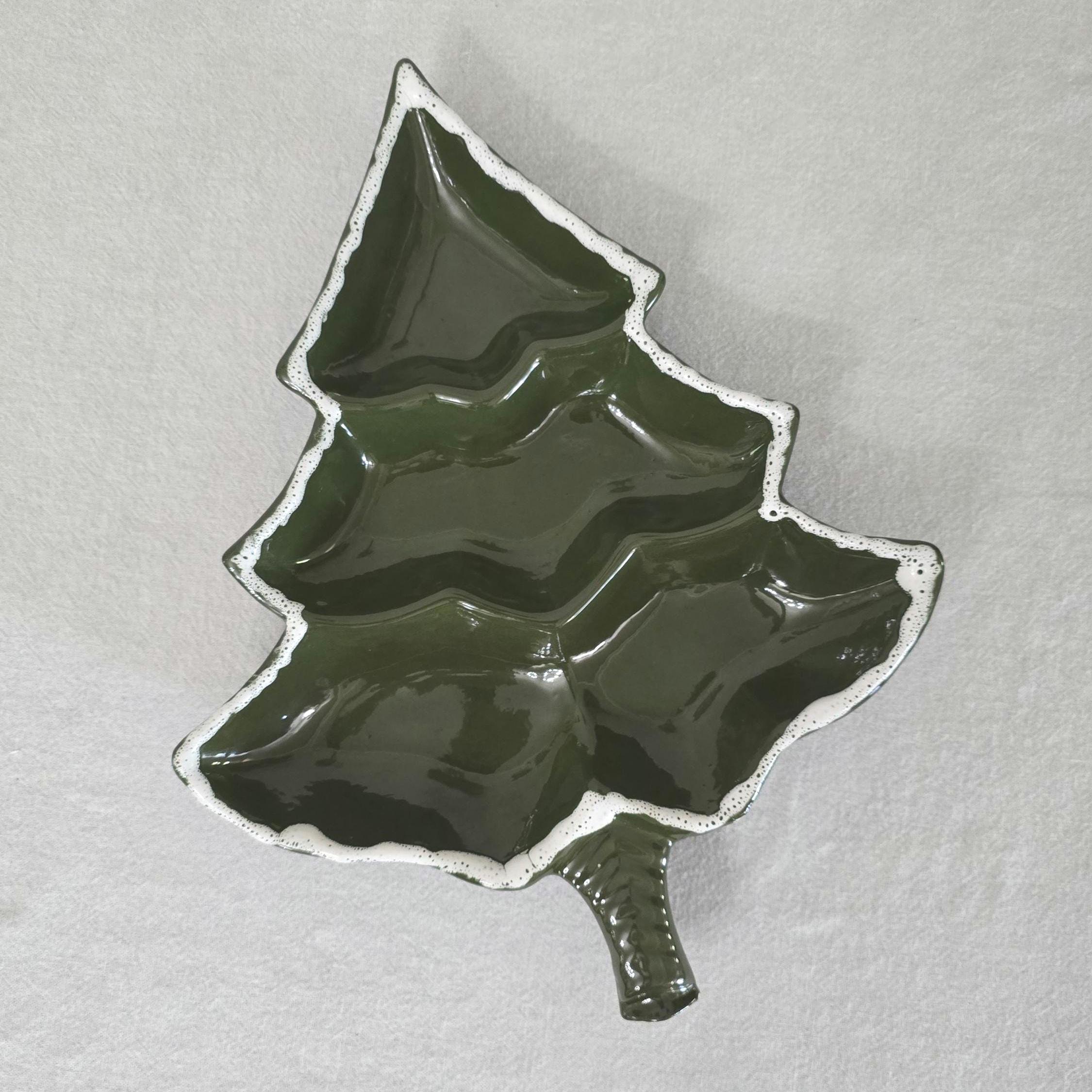Vintage Ceramic Christmas Tree Divided Serving Dish, Hand Painted Holiday Relish Platter