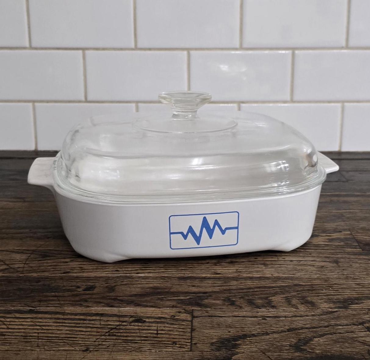 Vintage Corning Ware Microwave Browning Dish MW-A-10 Blue EKG Heartbeat Pattern Brown N Sear Casserole Pan With Pyrex Lid A-12-C