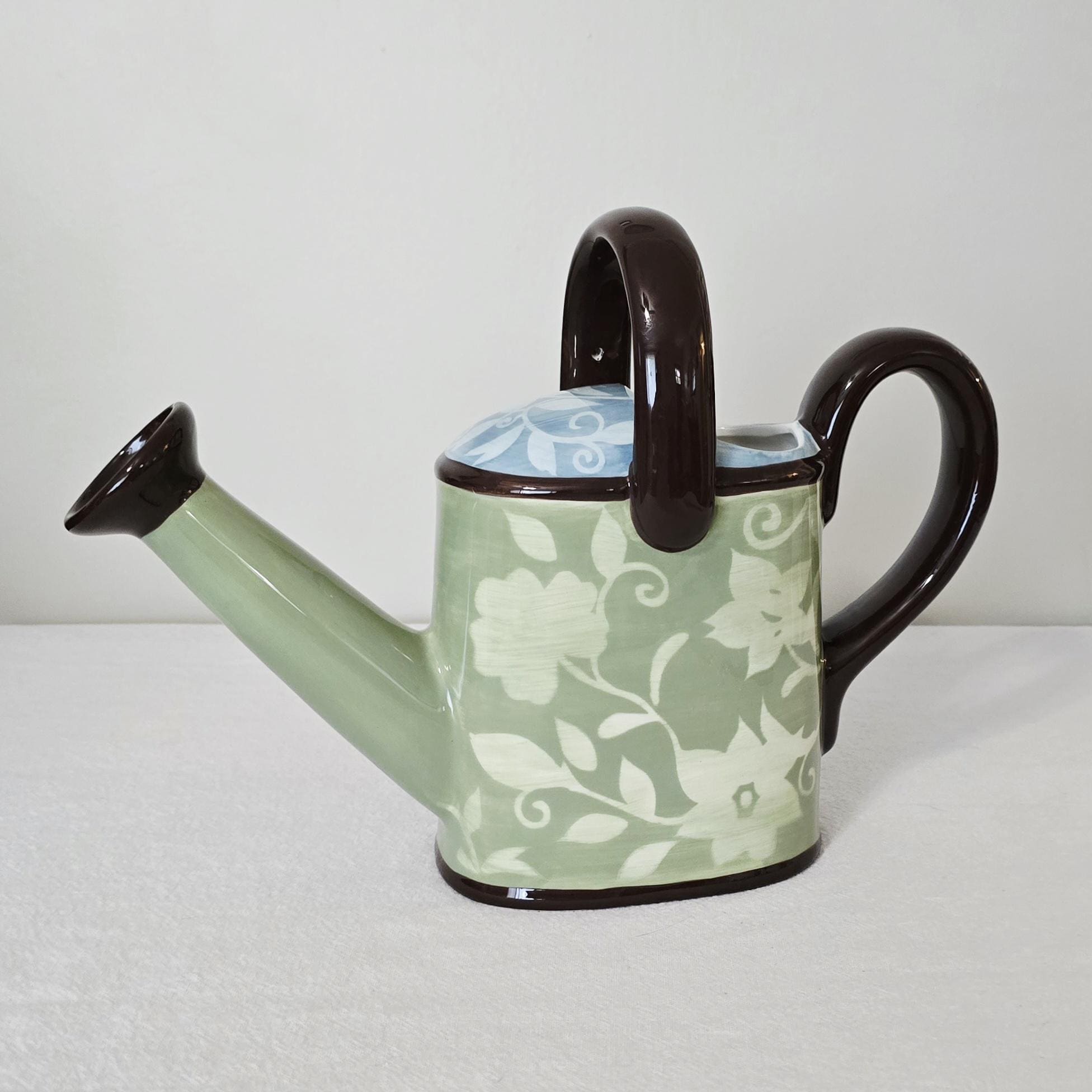 Pfaltzgraff Patio Garden Ceramic Watering Can, Sage Green Floral Pitcher Vase