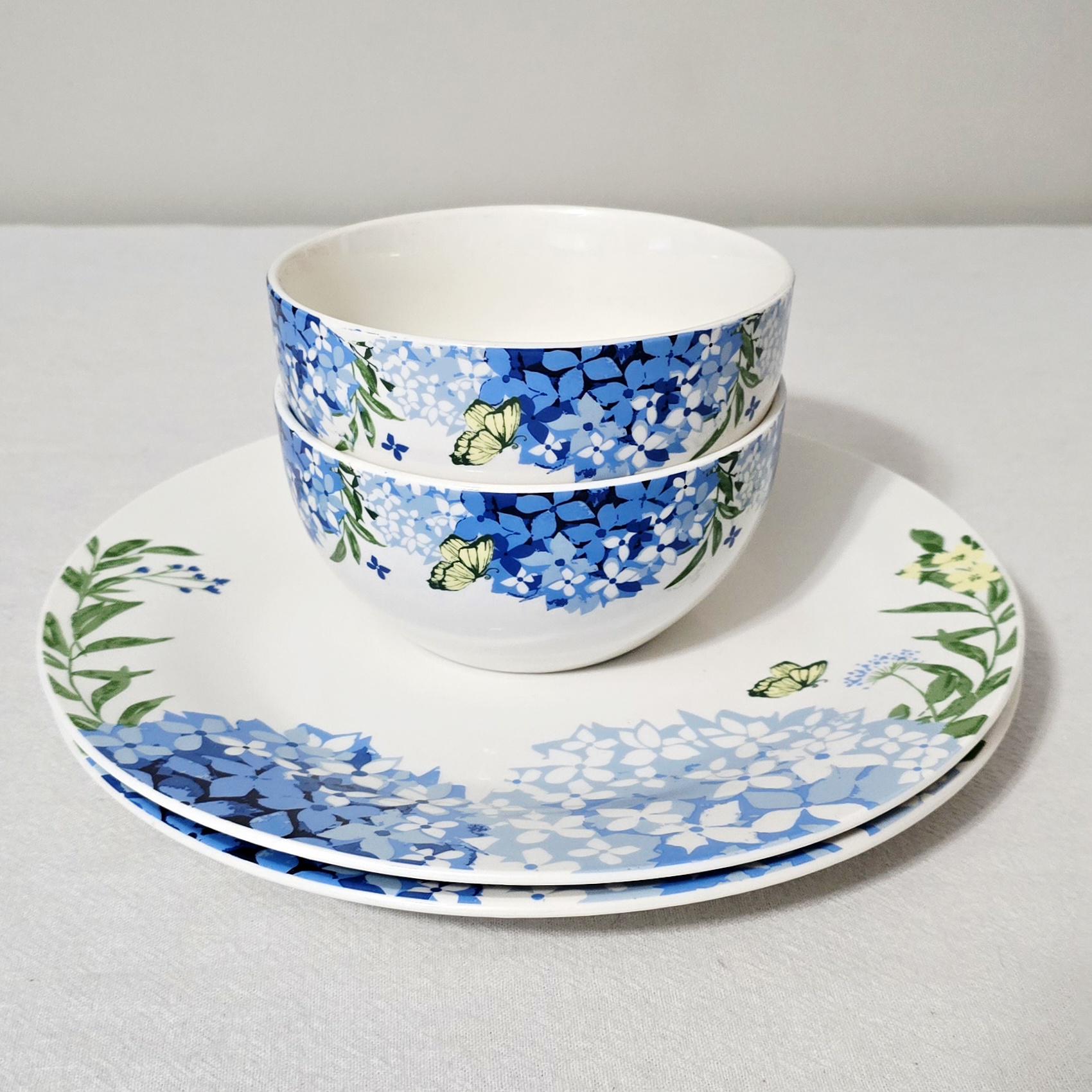 Royal Norfolk Blue Hydrangea Dinnerware Set for 2, 2 Dinner Plates & 2 Bowls, Cottagecore Spring Table Decor