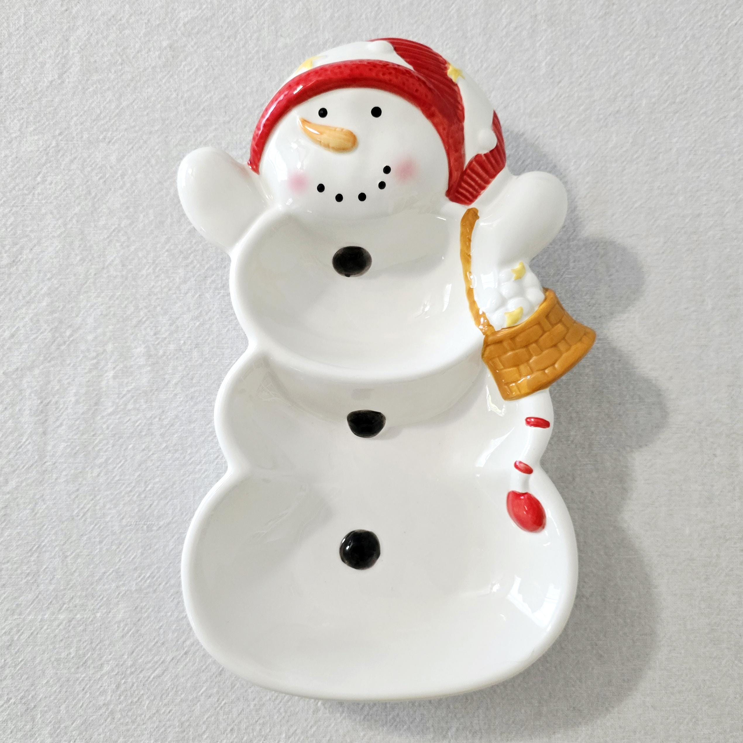 Vintage Hallmark Ceramic Snowman Divided Serving Dish, Christmas Holiday Candy Nut Bowl