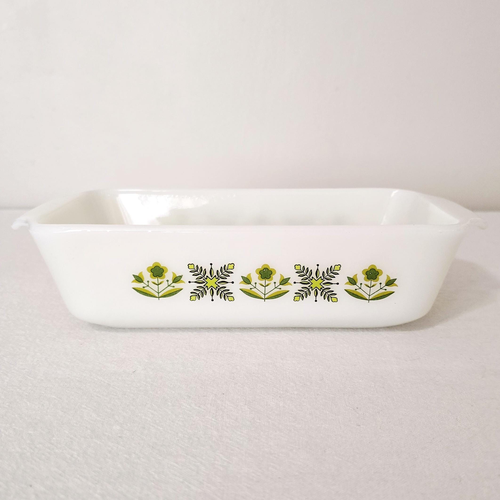 Vintage Anchor Hocking Milk Glass Meadow Green Loaf Pan, 1 Qt Rectangular Baking Dish