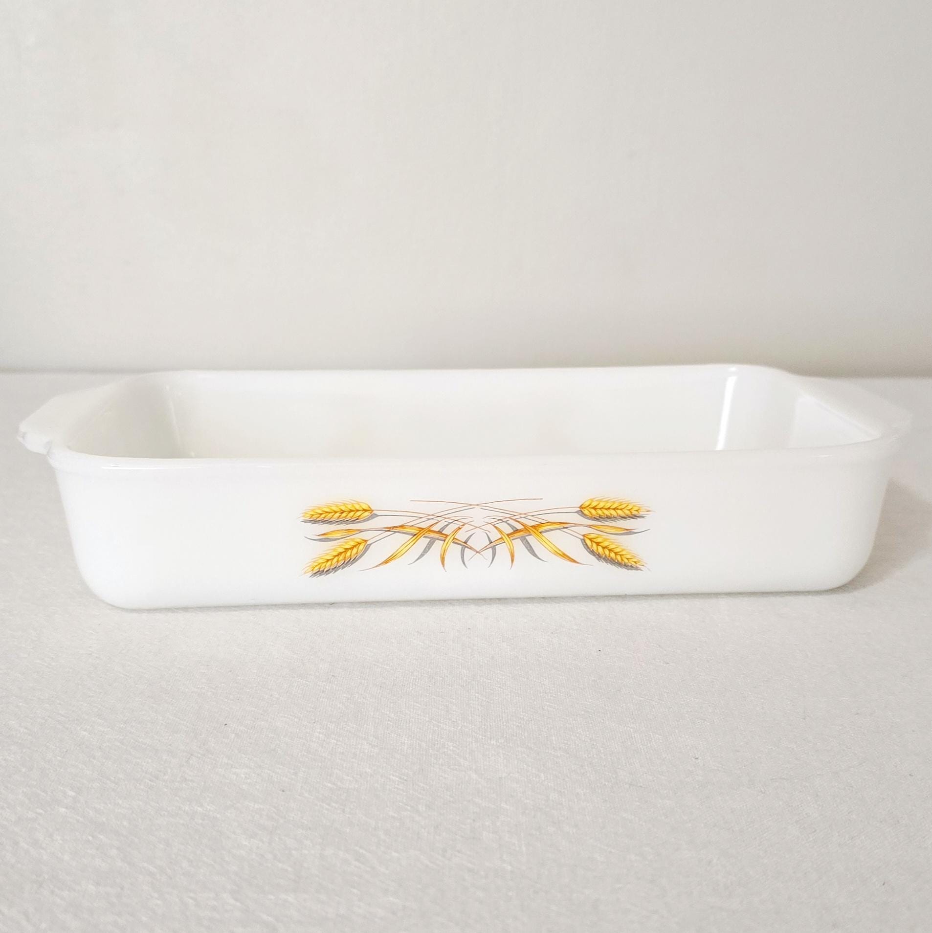 Vintage Fire King Golden Wheat Milk Glass Baking Dish, 1.5 Qt Rectangular Casserole Pan #410