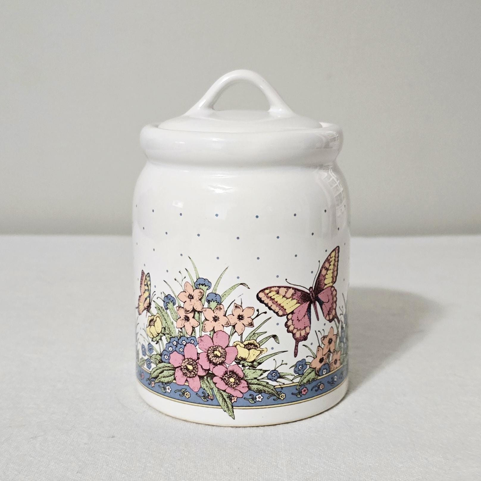 Vintage Ceramic Butterfly And Wildflower Canister, 5 1/4" Cottagecore White Storage Jar with Lid