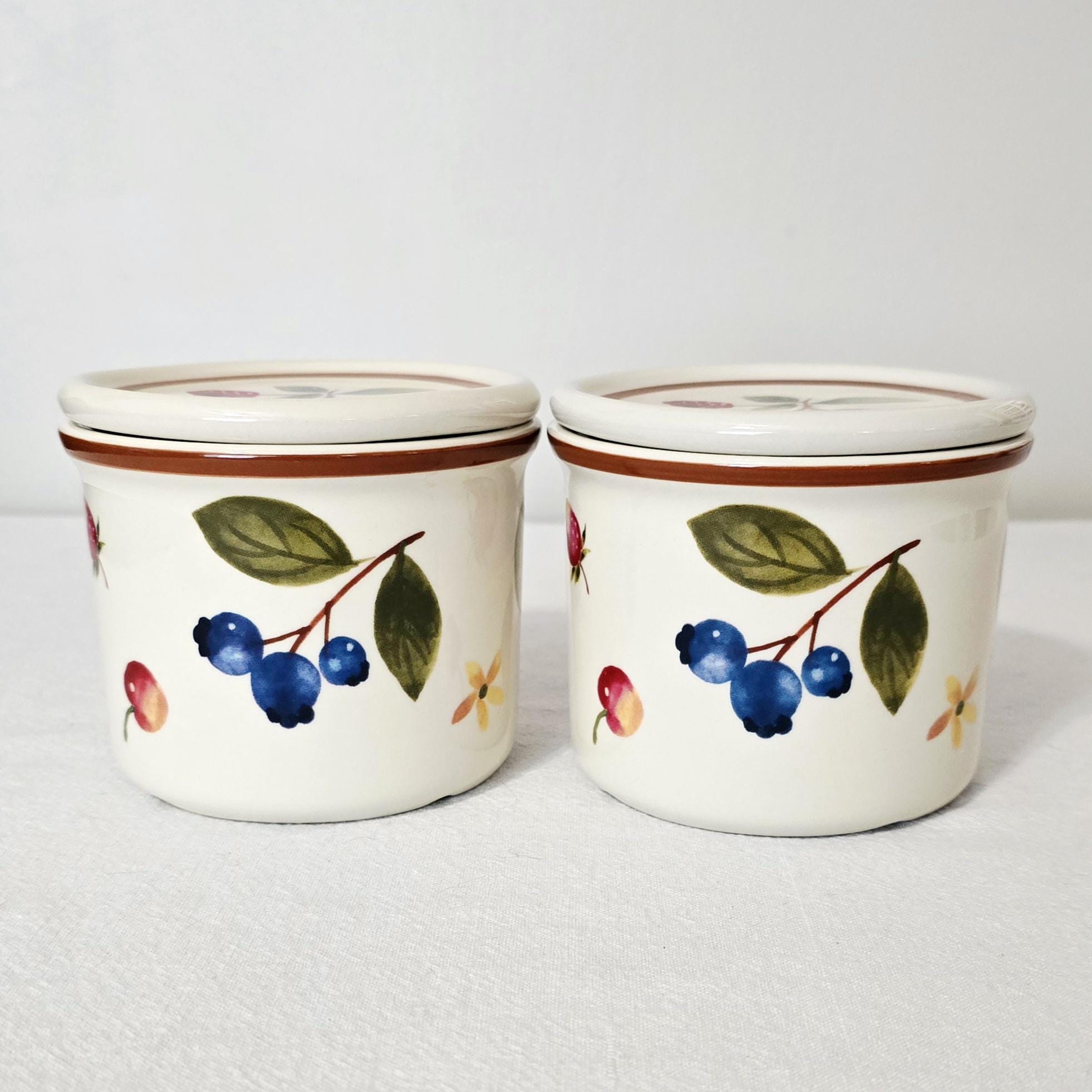 Vintage Longaberger Pottery Berry Fruit Medley 1 Pint Crocks With Lids, Set Of 2 Ceramic Jam Jars