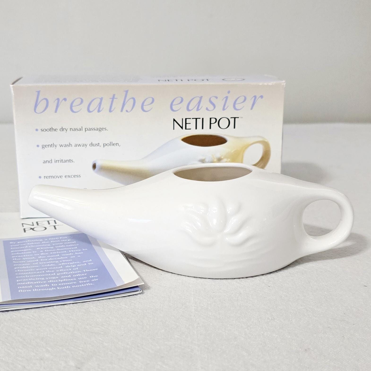 Vintage 1999 Ceramic Neti Pot New In Box, Himalayan Institute Breathe Easier Nasal Wash Pot
