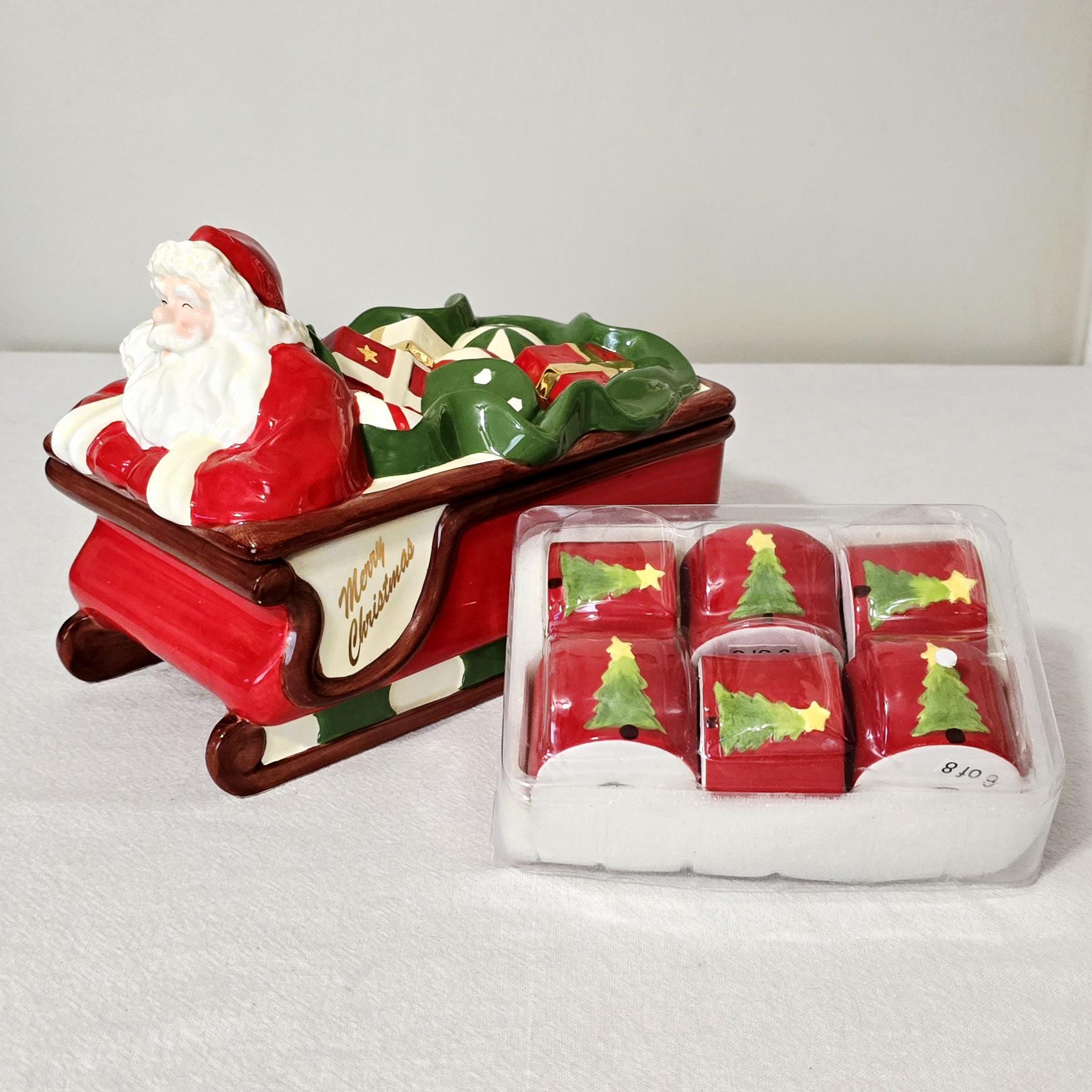 Vintage Yankee Candle Ceramic Santa Sleigh With 6 Christmas Tree Tealight Holders, Retro Festive Table Centerpiece