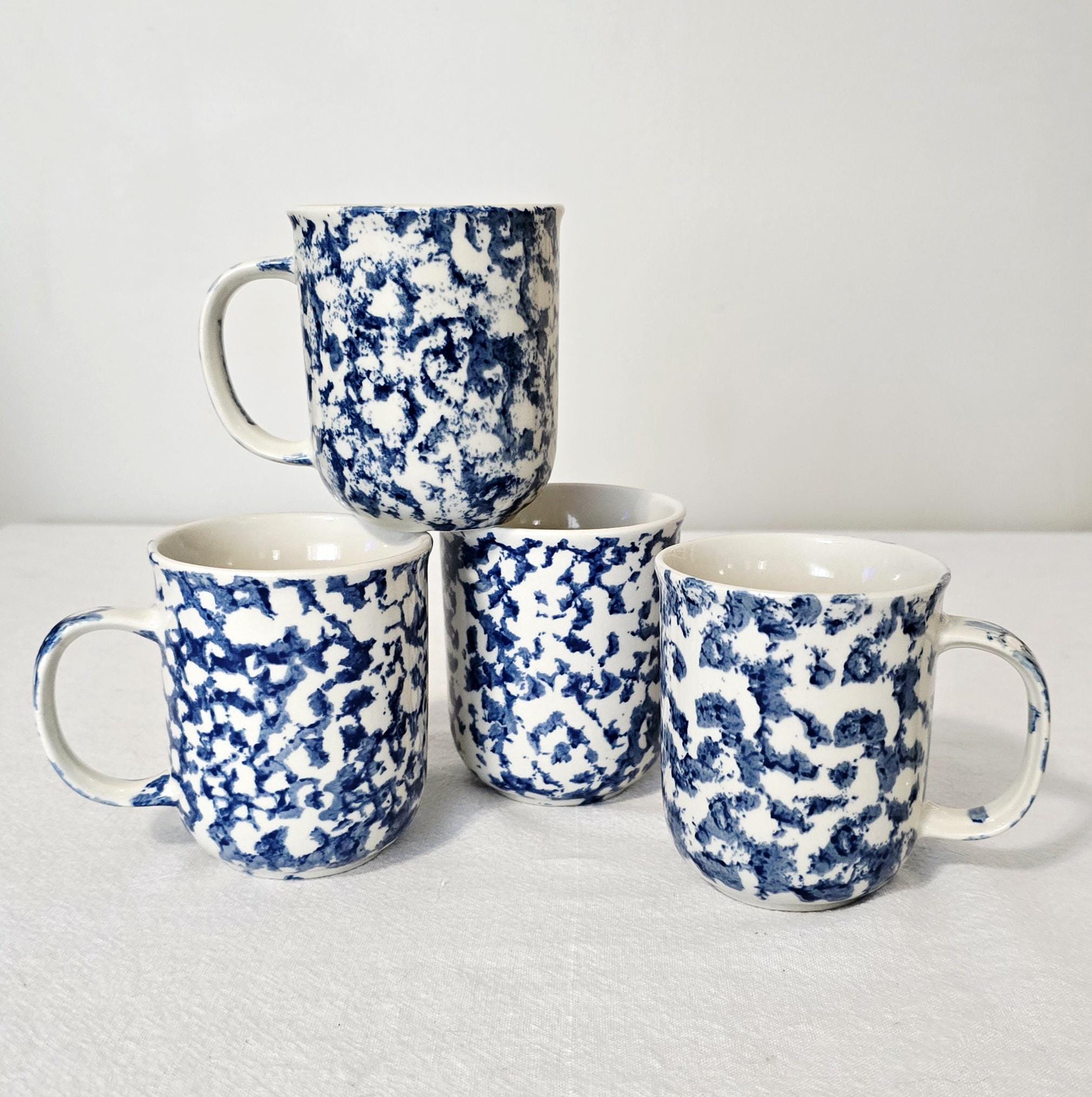 Vintage Tienshan Folk Craft Animals Blue Spongeware Mugs, Set Of 4 Country Stoneware Coffee Cups