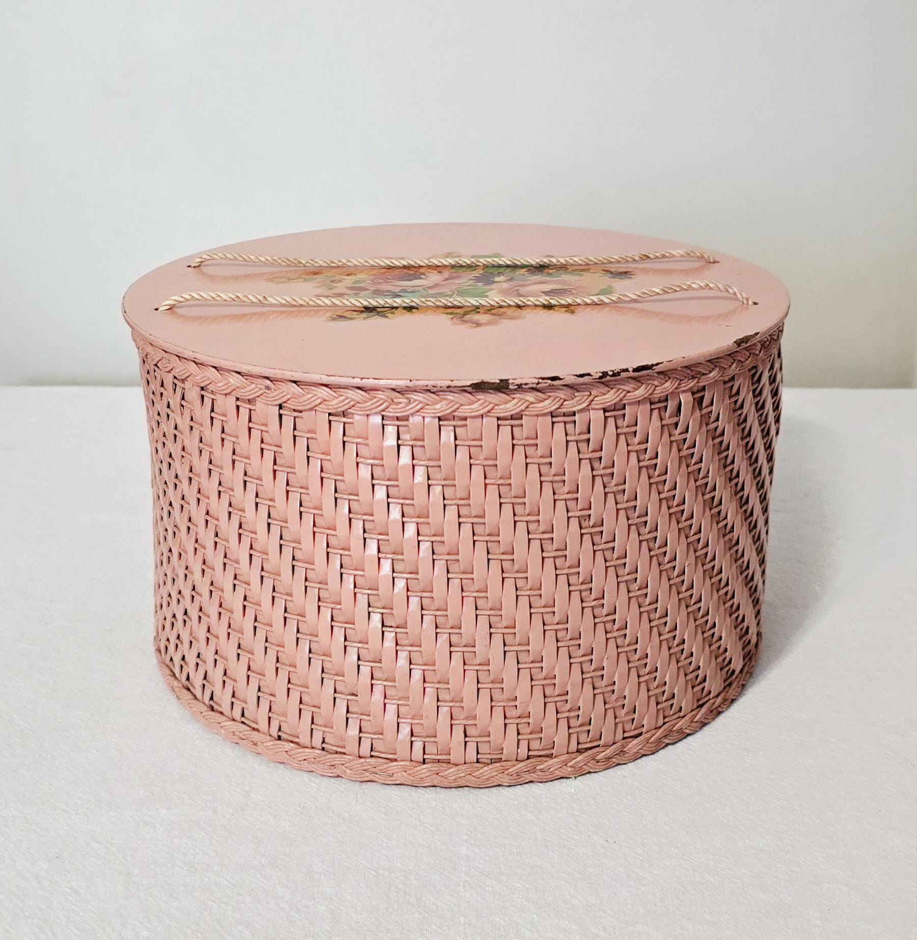 Vintage Harvey Pink Wicker Sewing Basket, Mid Century Floral Lidded Craft Room Storage