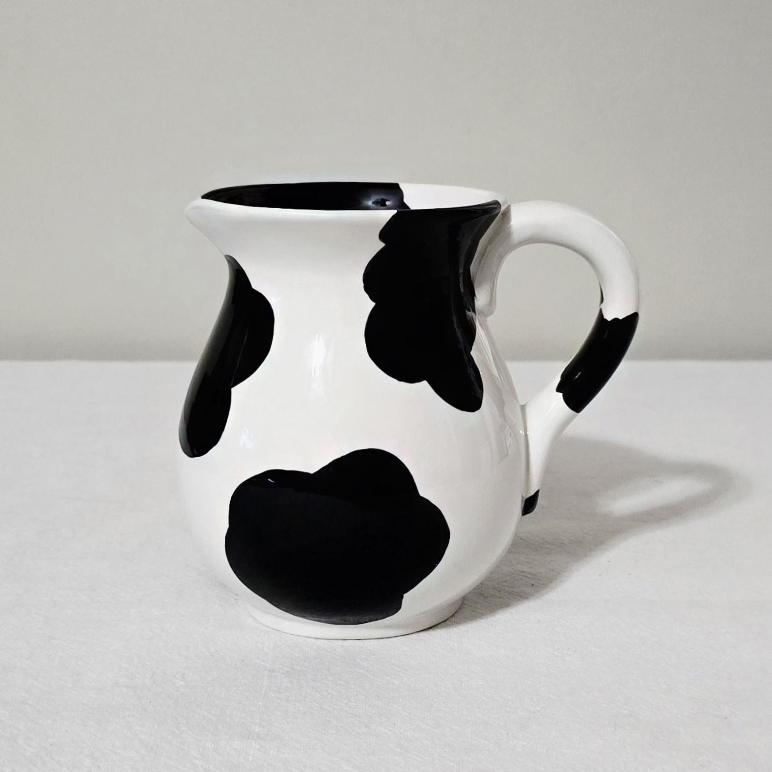 Vintage Lorrie Veasey Cow Print Creamer Pitcher, Our Name Is Mud Ceramic Milk Jug