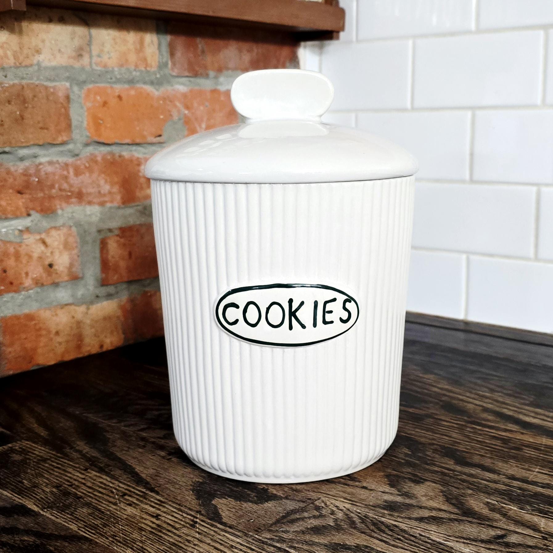 Vintage Ivory Ceramic Cookie Jar, Ribbed Off White Stoneware Kitchen Canister With Hunter Green Lettering