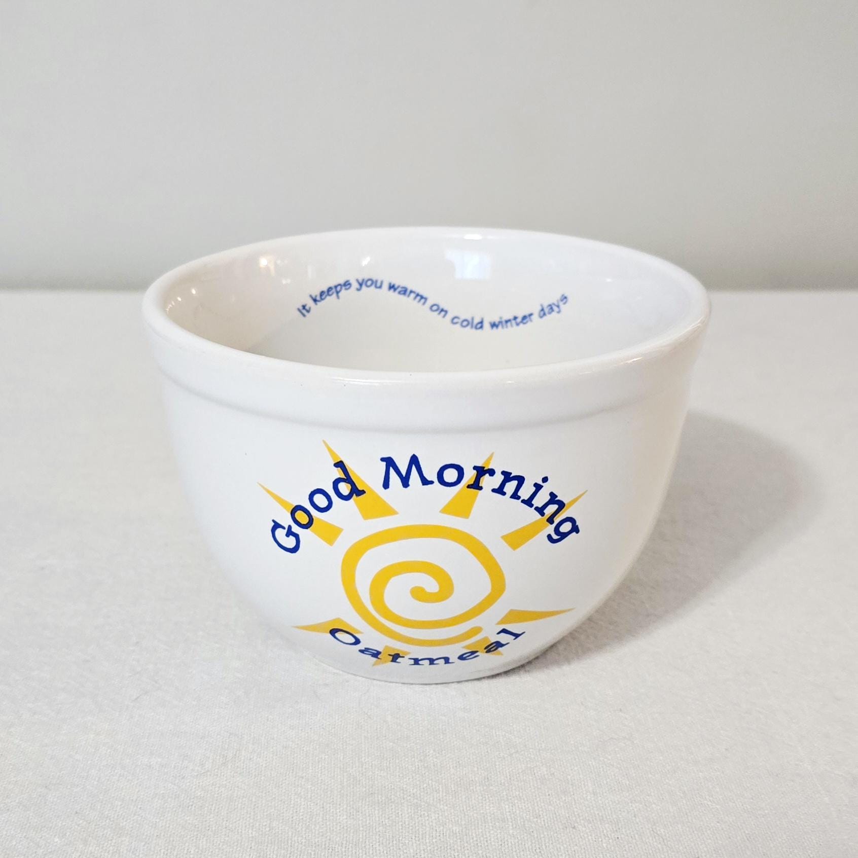 Vintage Houston Harvest Good Morning Oatmeal Ceramic Bowl, Yellow Sun Breakfast Cereal Bowl