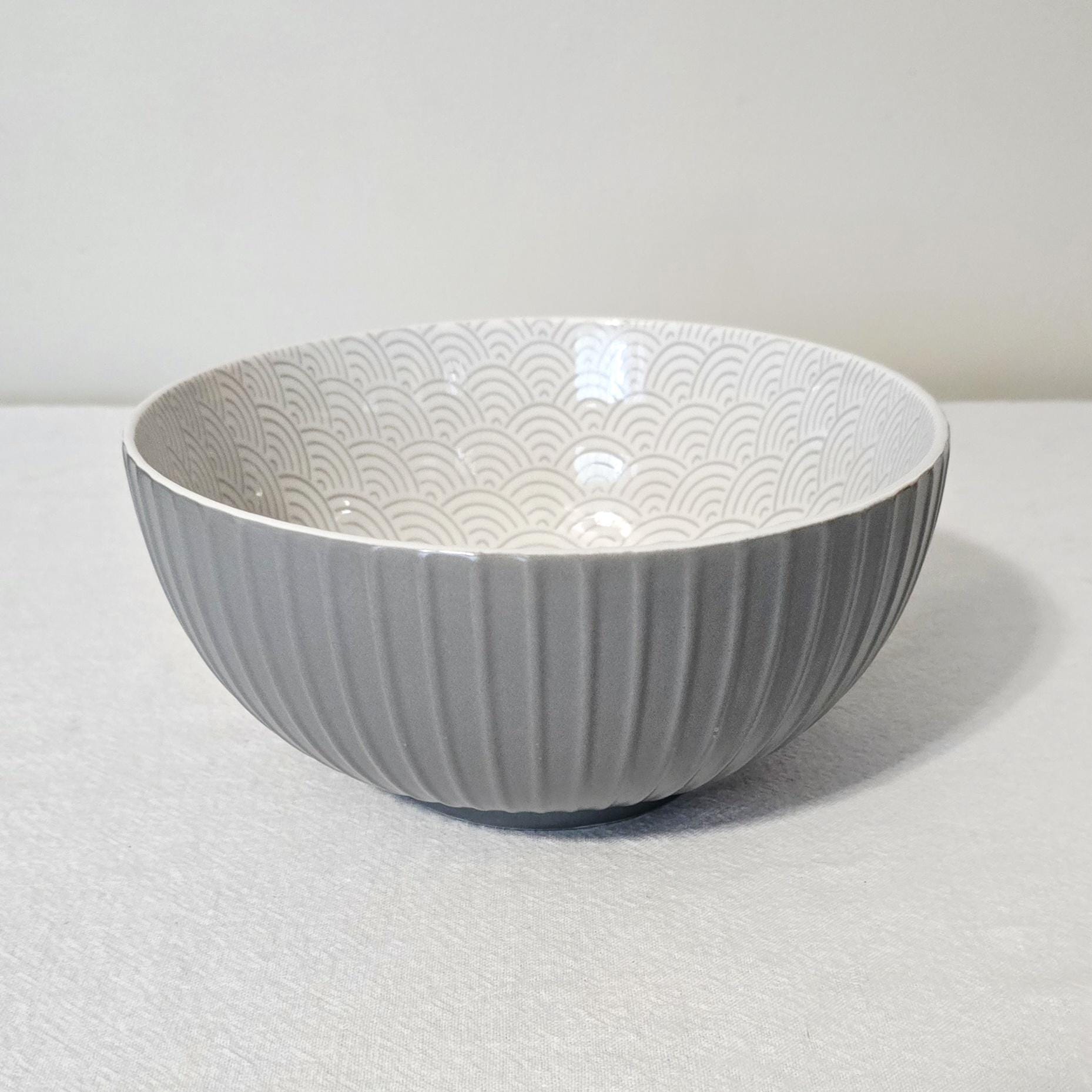 Denmark Tools For Cooks 8" Gray Ribbed Ceramic All Purpose Bowl, Geometric Wave Pattern