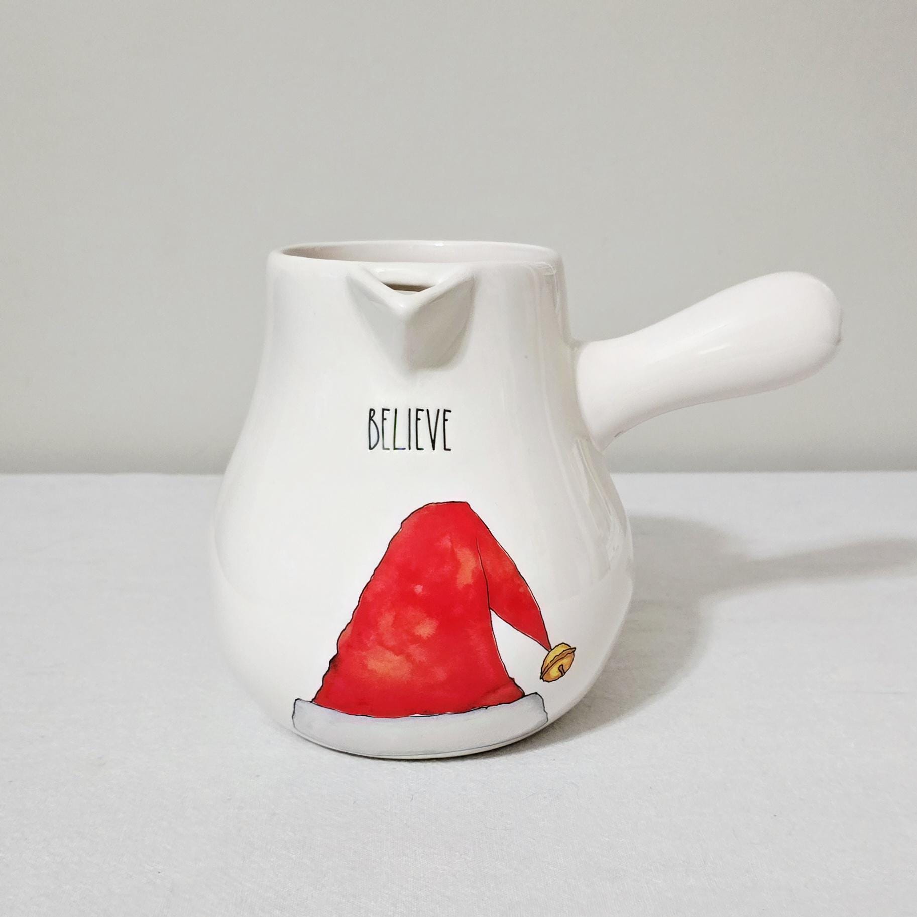 Rae Dunn Believe Santa Hat Cocoa Pot, Ceramic Christmas Hot Chocolate Server