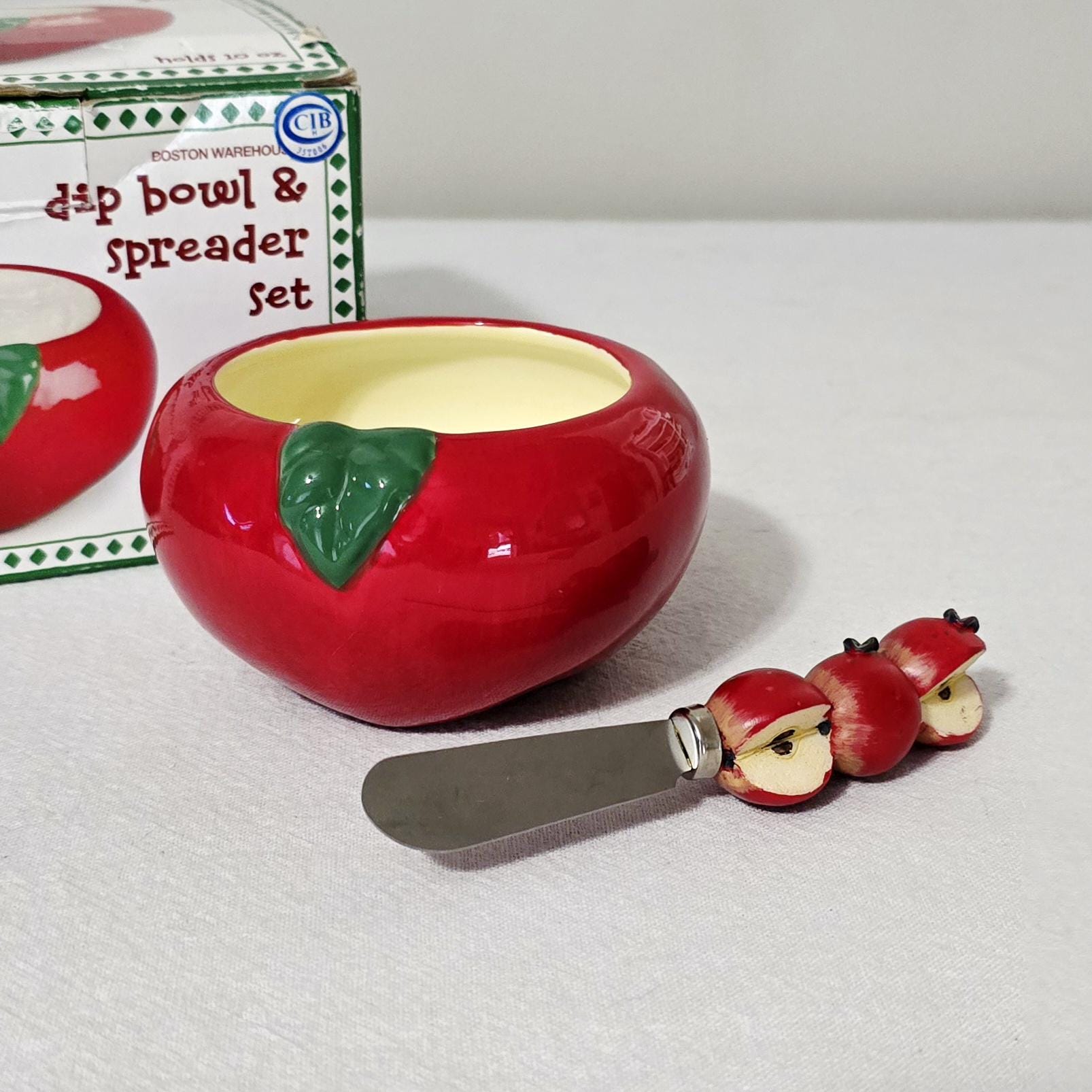 Vintage Boston Warehouse Apple Dip Bowl And Spreader Set, Ceramic Condiment Server In Original Box