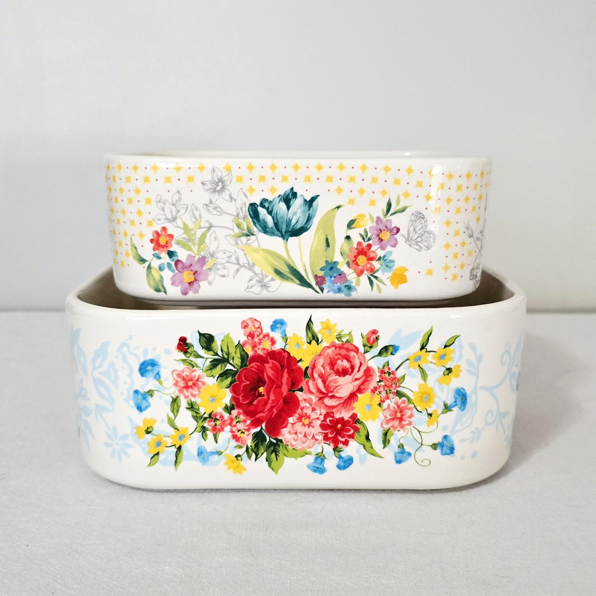 Pioneer Woman Sweet Rose Rectangle Nesting Casserole Baking Dishes, Set Of 2 Large & Medium Stoneware No Lids
