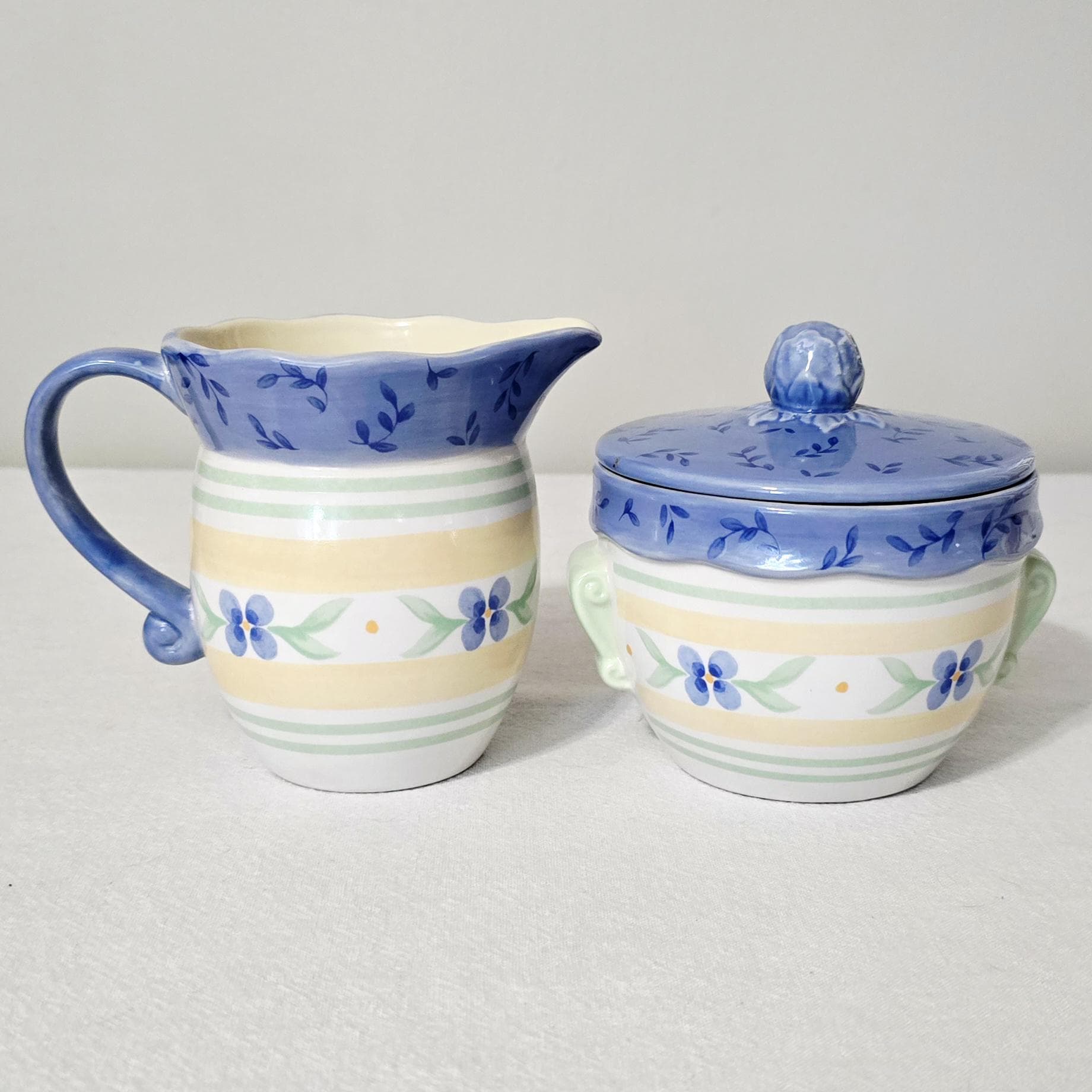 Vintage Pfaltzgraff Summer Breeze Sugar & Creamer Set, Blue And Yellow Stoneware