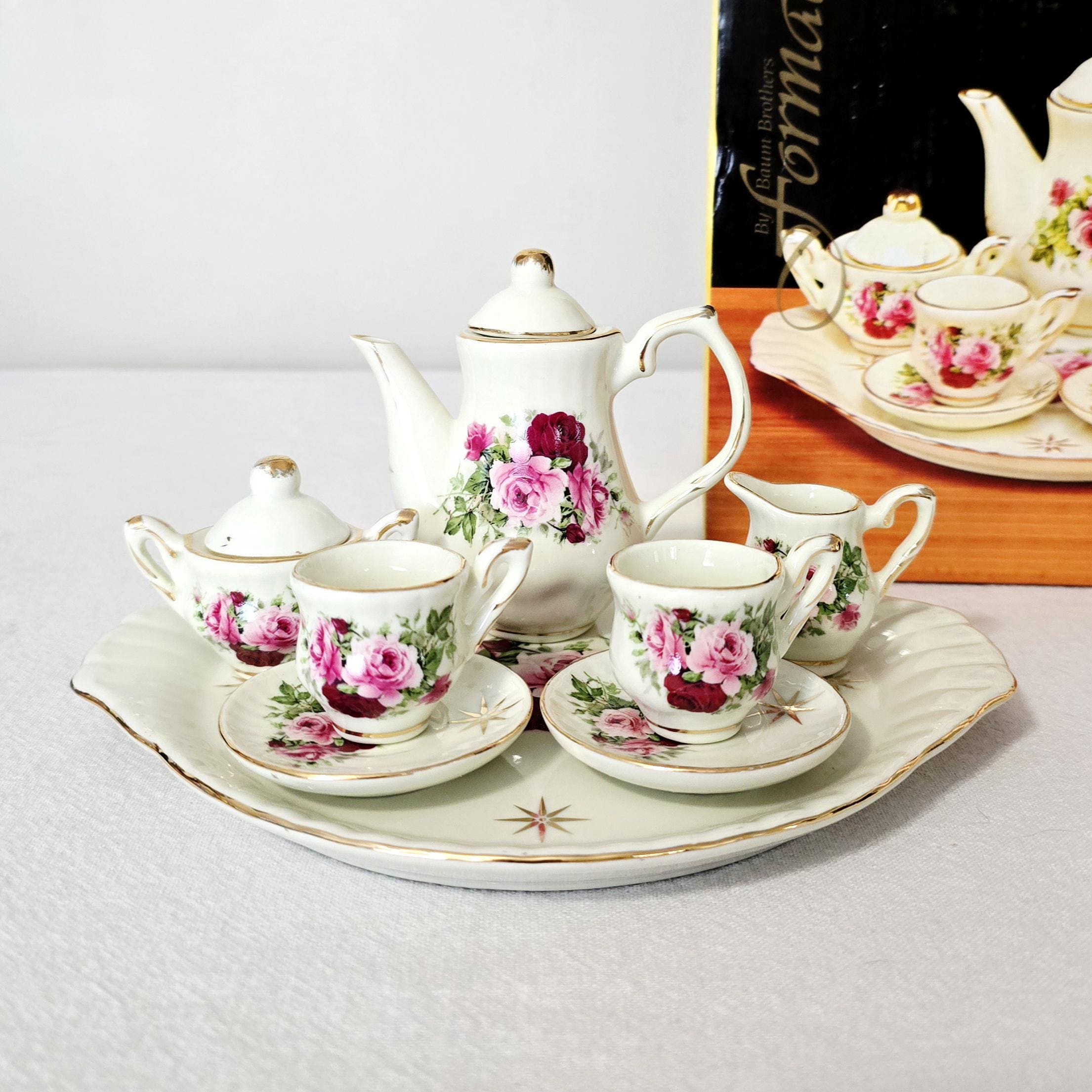 Vintage Formalities Baum Brothers 10 Pc Miniature Tea Set, Victorian Rose Collection, Ivory And Gold Porcelain Mini Tea Set In Original Box