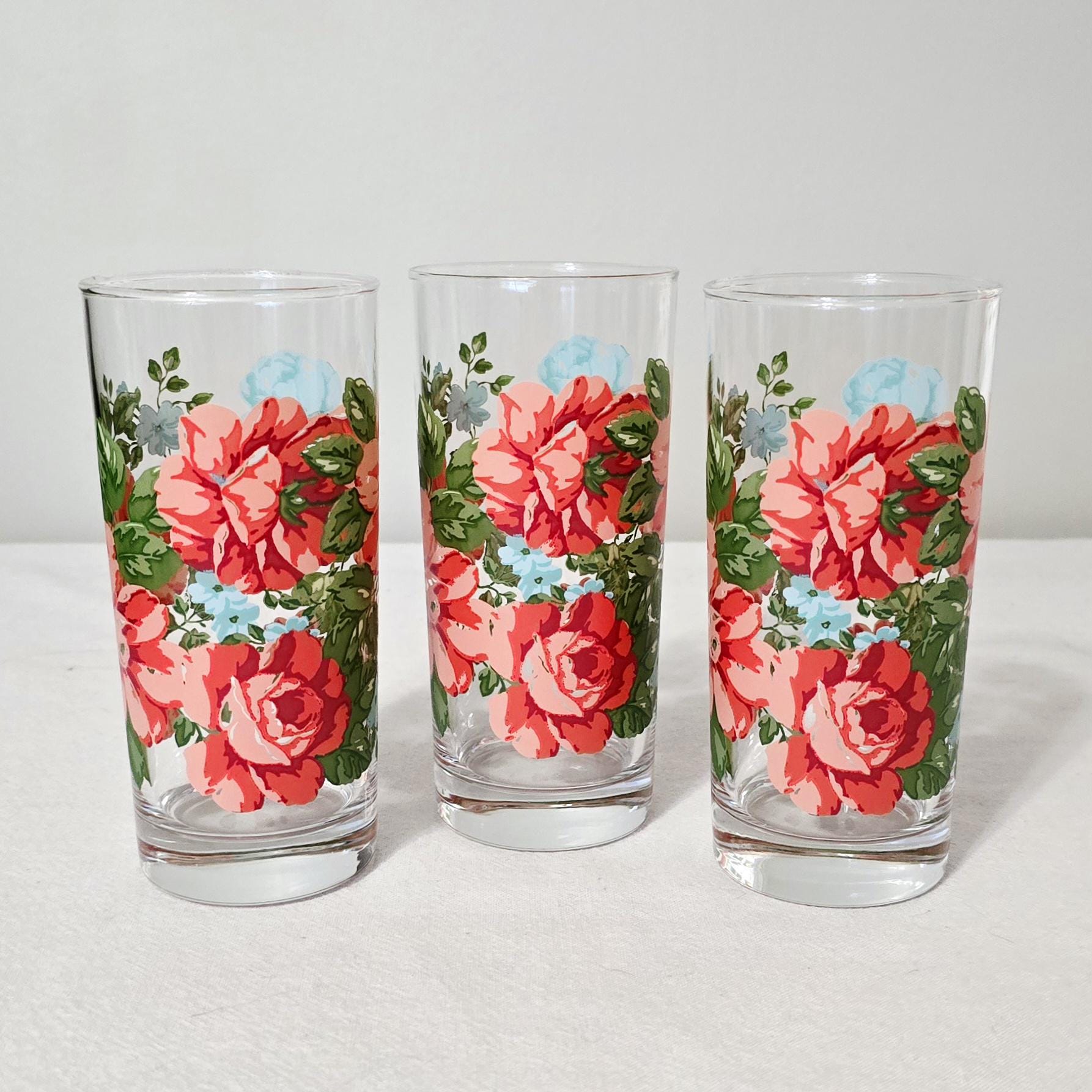 Pioneer Woman Set Of 3 Vintage Floral Glass Tumblers, 16oz Drinking Glasses