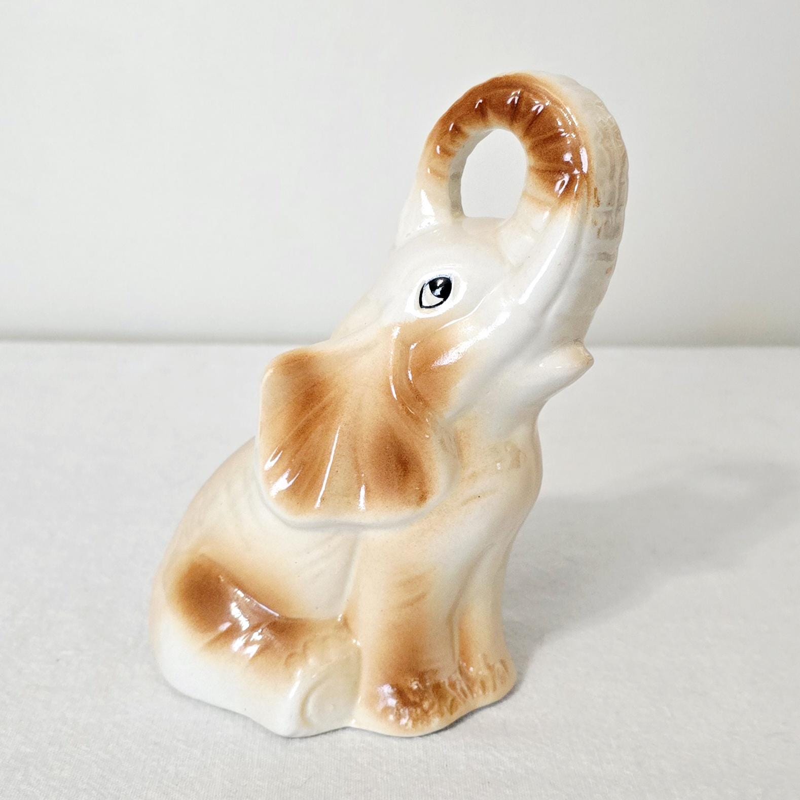 Vintage Lusterware Elephant Figurine, Made In Brazil, 6 1/2" Iridescent Ceramic Lucky Trunk Up Statue