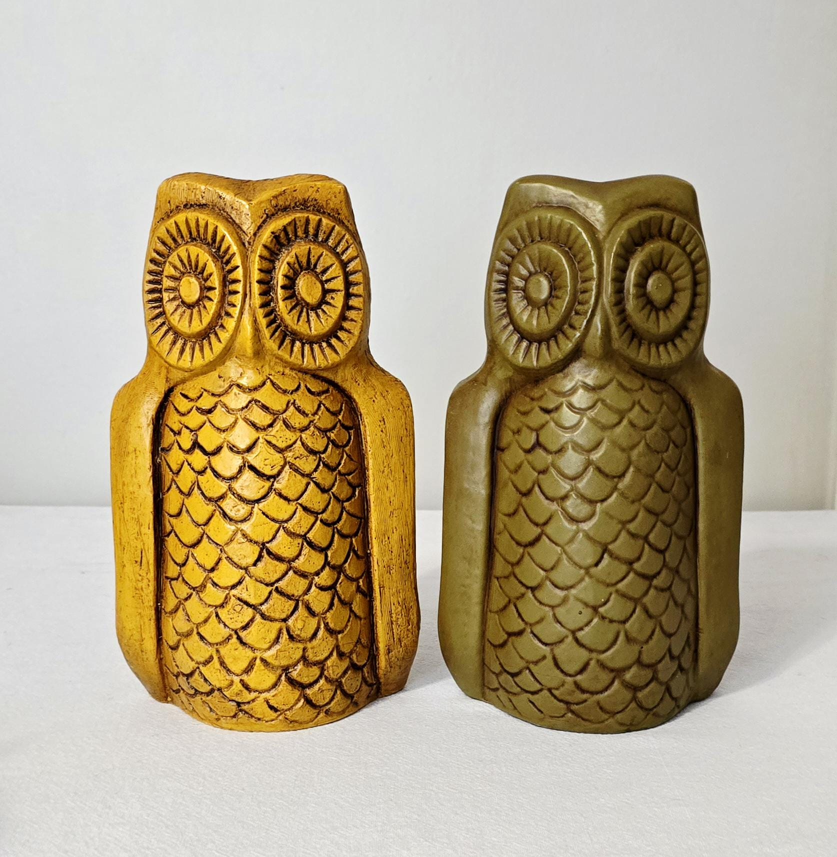 Vintage California Pottery Owl Coin Bank 9 1/4", Choice Of Harvest Gold Or Avocado Green, 1970s Ceramic Owl Piggy Bank F58