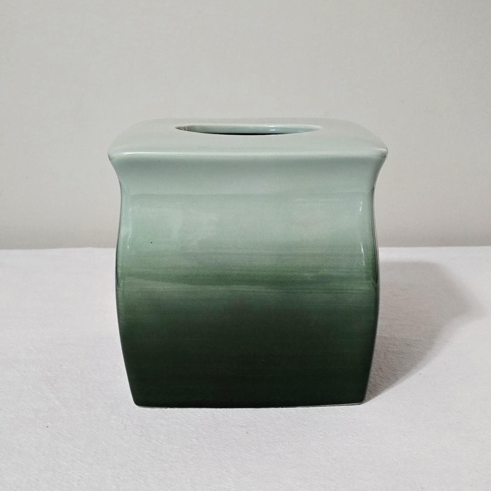 Vintage Wamsutta Brushstrokes Tissue Box Cover, Hand Painted Green Ombre Ceramic Bathroom Decor