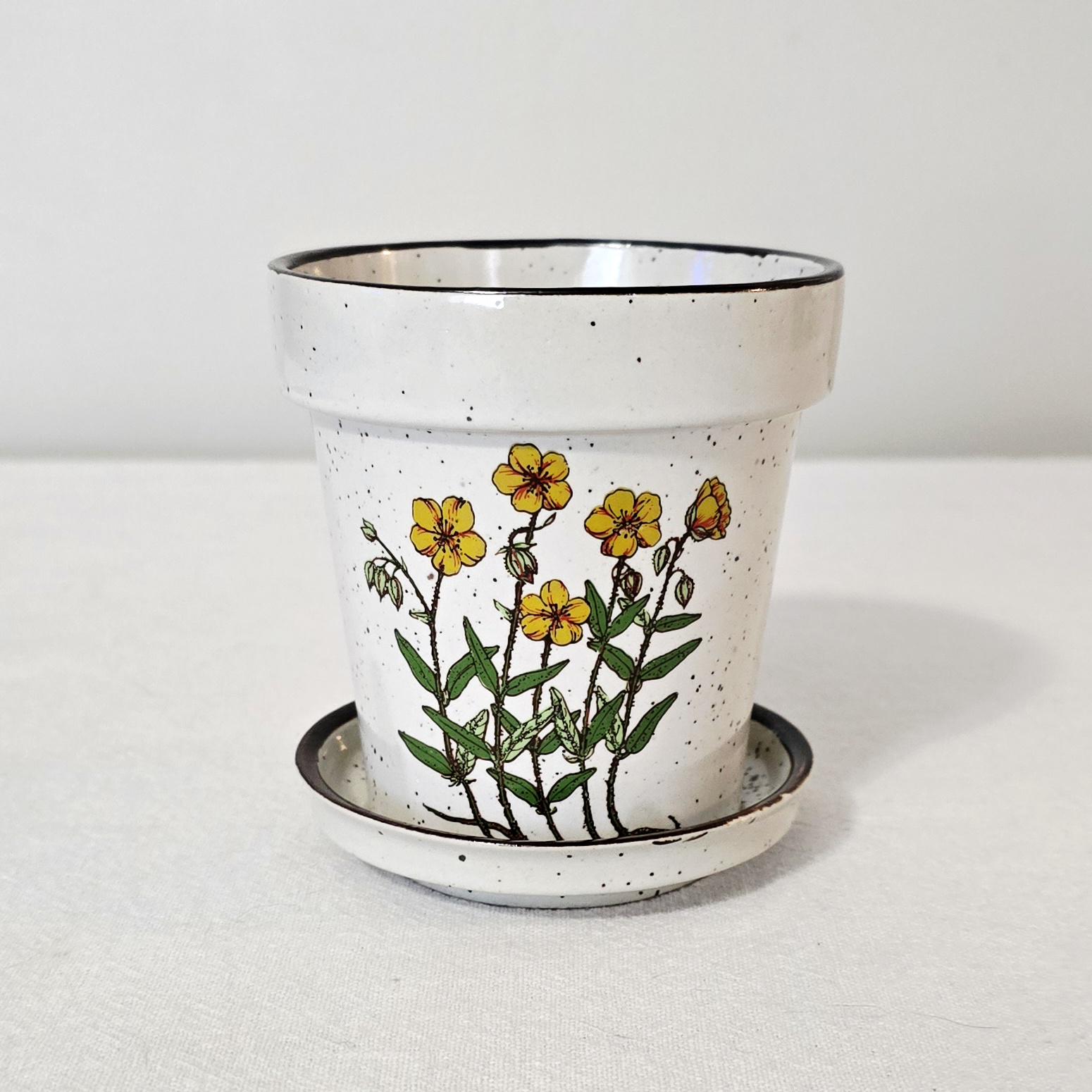 Vintage Speckled Stoneware Wildflower Planter with Saucer, 3 3/4” Ceramic Succulent Pot With Drainage, Made in Japan
