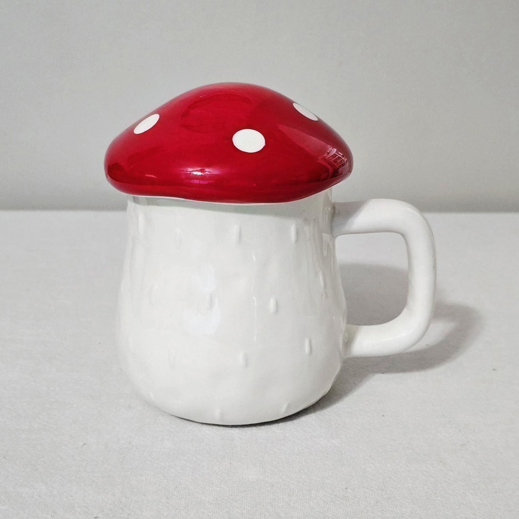 Mushroom Ceramic Mug With Lid, Red Polka Dot Toadstool Lidded Coffee Cup