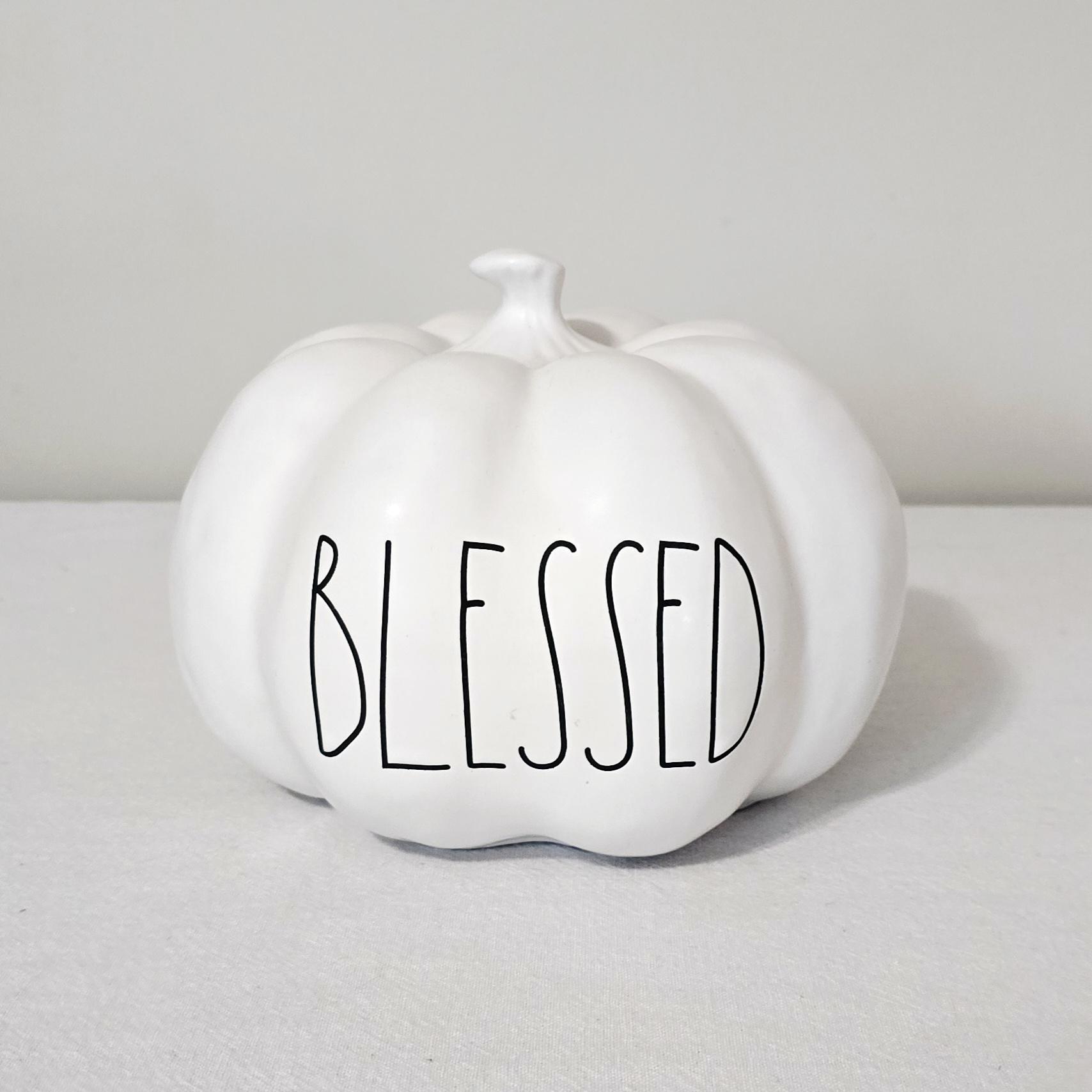 Rae Dunn Blessed Ceramic Pumpkin, Farmhouse Fall Decor, 6" White Pumpkin Fall Thanksgiving Centerpiece