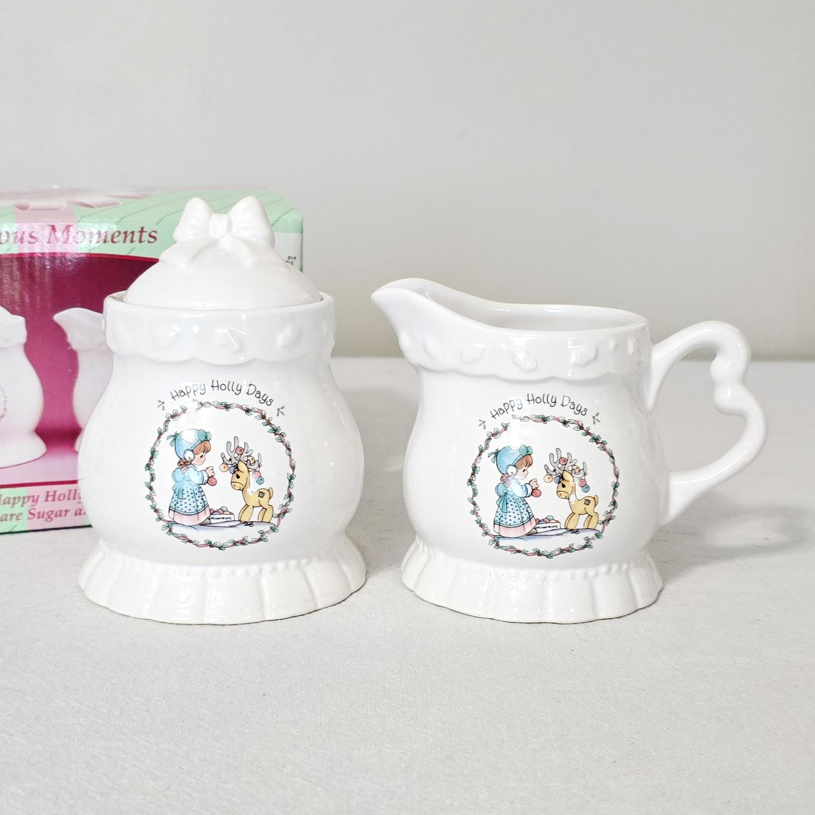 Vintage 1994 Precious Moments Happy Hollydays Stoneware Sugar And Creamer Set With Original Box