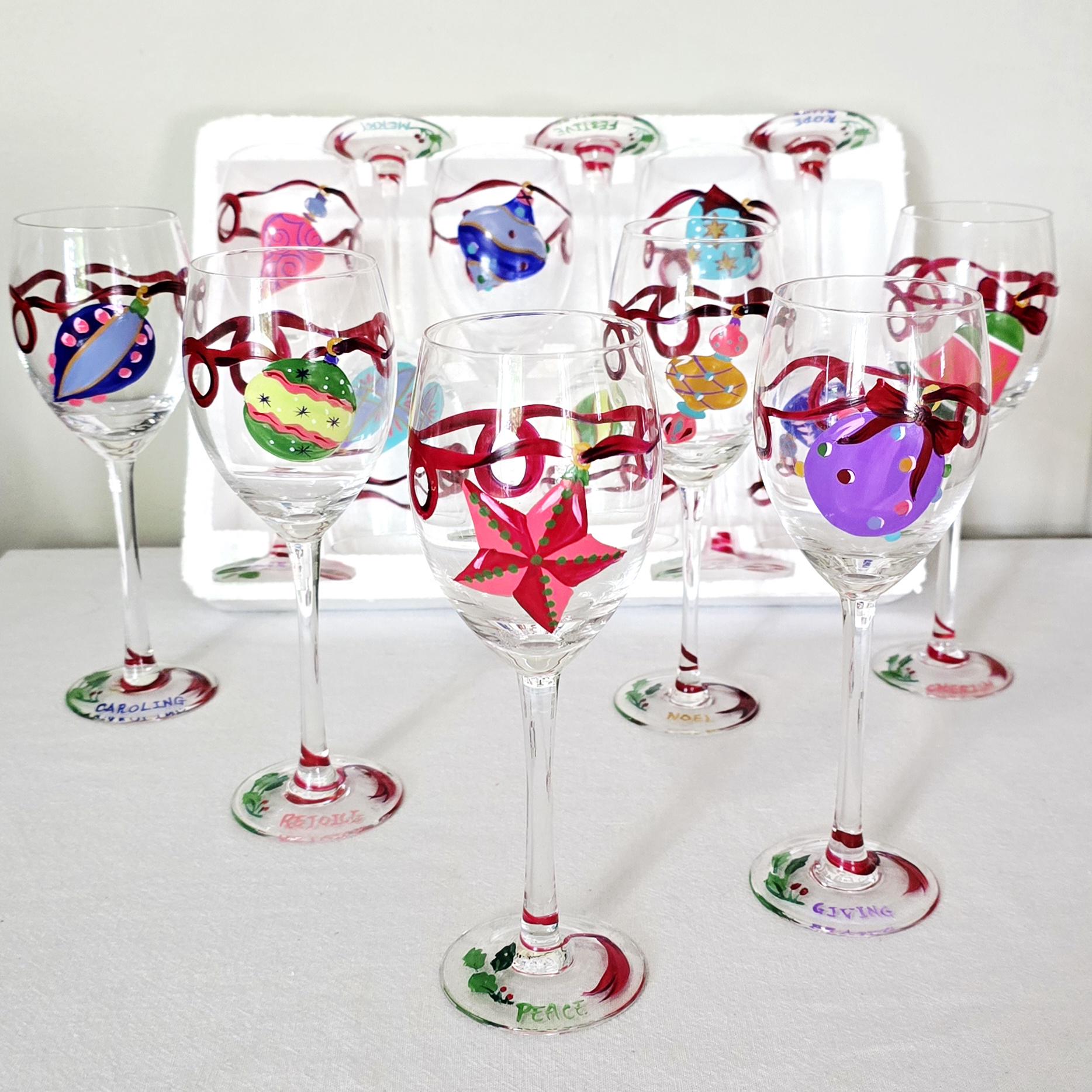 Vintage 2005 Tabla Holiday Tidings Christmas Wine Goblets, Set Of 12 Hand Painted Stemware In Original Box