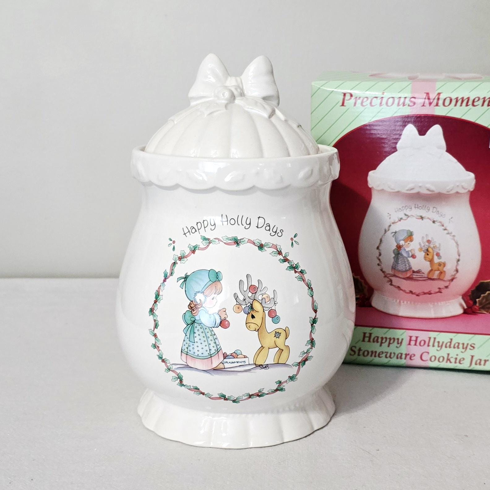 Vintage Precious Moments Happy Holly Days Cookie Jar With Box, 1994 Enesco Christmas Stoneware Canister