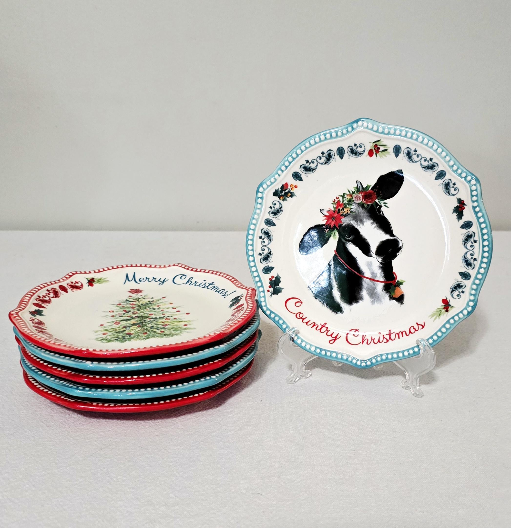 Pioneer Woman Holiday Novelty Icons Appetizer Plate Set Of 6 NIB, 6 1/2" Farmhouse Christmas Stoneware Dessert Plates